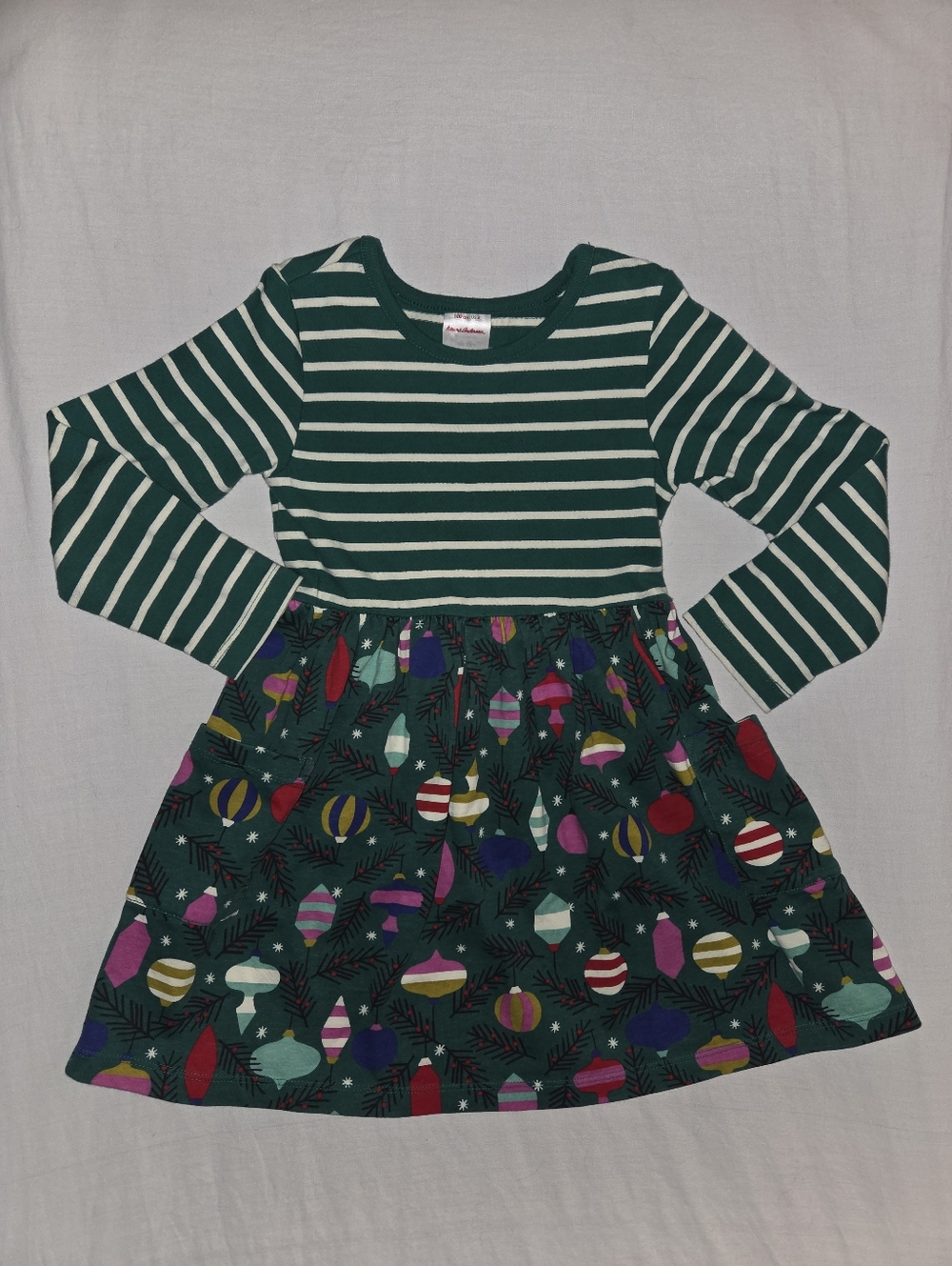 Hanna Andersson Green Striped Long Sleeve Ornament Christmas Holiday Dress 100/4